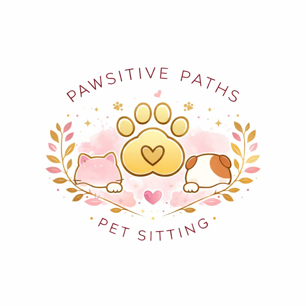 Pawsitive Paths Pet Sitting logo with a cat, dog and gold paw print